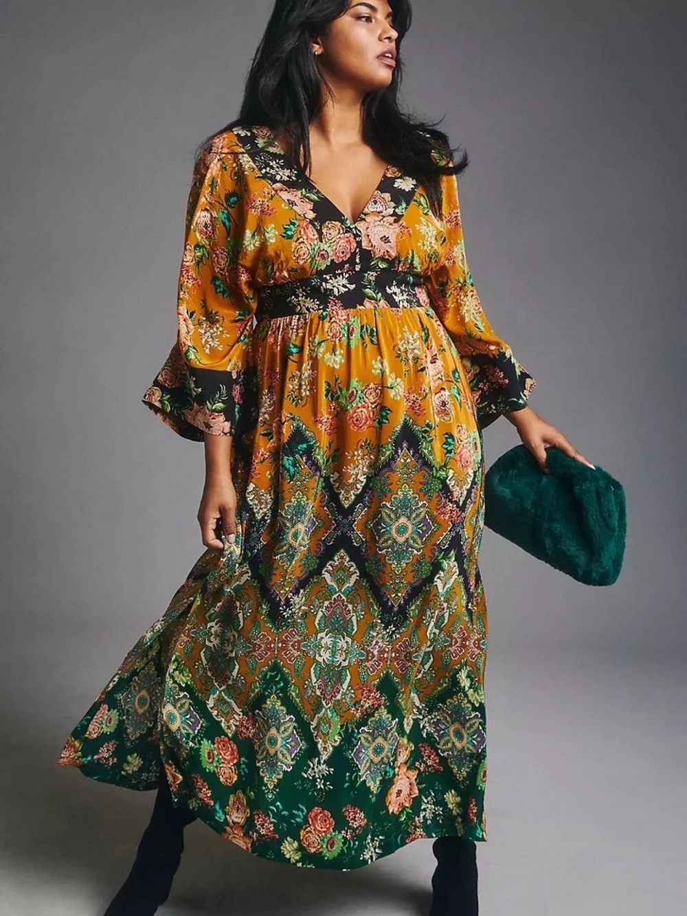 Anthropologie Mustard and Green Floral V-Neck Maxi Dress - Picture 4 of 13